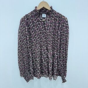 Cabi Knife Pleat Blouse #3952 Floral Sheer High Neck - Size Small pink black